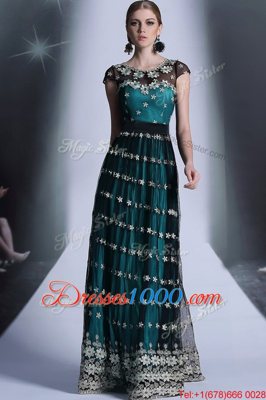 Sophisticated Teal Scoop Side Zipper Appliques and Pleated Dress for Prom Cap Sleeves