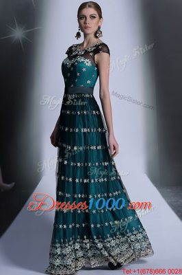 Sophisticated Teal Scoop Side Zipper Appliques and Pleated Dress for Prom Cap Sleeves