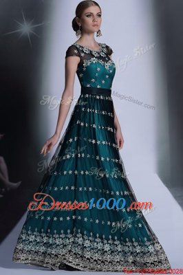 Sophisticated Teal Scoop Side Zipper Appliques and Pleated Dress for Prom Cap Sleeves