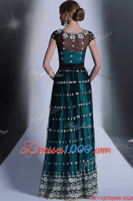 Sophisticated Teal Scoop Side Zipper Appliques and Pleated Dress for Prom Cap Sleeves