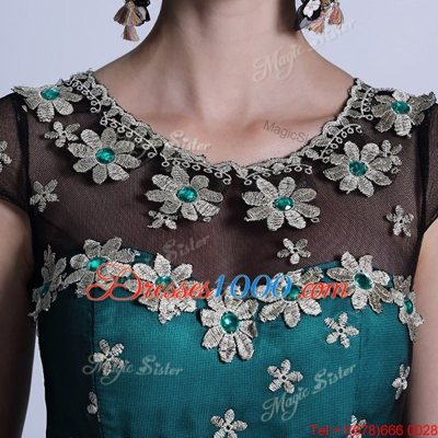 Sophisticated Teal Scoop Side Zipper Appliques and Pleated Dress for Prom Cap Sleeves