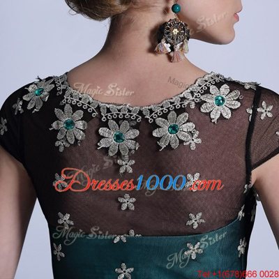 Sophisticated Teal Scoop Side Zipper Appliques and Pleated Dress for Prom Cap Sleeves