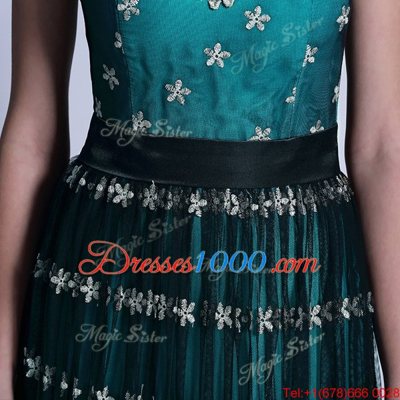 Sophisticated Teal Scoop Side Zipper Appliques and Pleated Dress for Prom Cap Sleeves