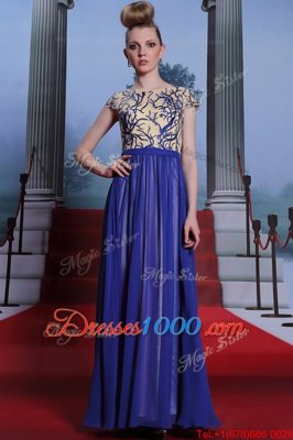 Best Selling Royal Blue Column/Sheath Scoop Cap Sleeves Chiffon Floor Length Zipper Embroidery and Sequins Prom Dress