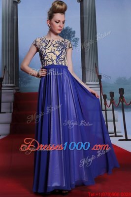 Best Selling Royal Blue Column/Sheath Scoop Cap Sleeves Chiffon Floor Length Zipper Embroidery and Sequins Prom Dress