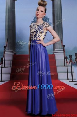 Best Selling Royal Blue Column/Sheath Scoop Cap Sleeves Chiffon Floor Length Zipper Embroidery and Sequins Prom Dress