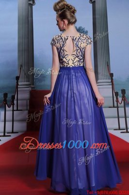 Best Selling Royal Blue Column/Sheath Scoop Cap Sleeves Chiffon Floor Length Zipper Embroidery and Sequins Prom Dress