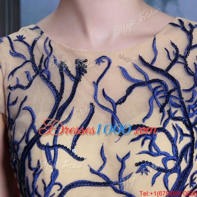 Best Selling Royal Blue Column/Sheath Scoop Cap Sleeves Chiffon Floor Length Zipper Embroidery and Sequins Prom Dress