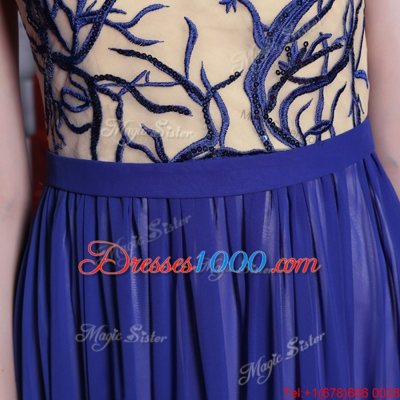 Best Selling Royal Blue Column/Sheath Scoop Cap Sleeves Chiffon Floor Length Zipper Embroidery and Sequins Prom Dress