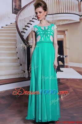 Scoop Turquoise Cap Sleeves Beading Floor Length Prom Dress