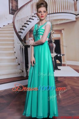 Scoop Turquoise Cap Sleeves Beading Floor Length Prom Dress