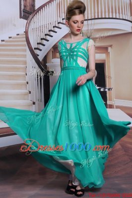 Scoop Turquoise Cap Sleeves Beading Floor Length Prom Dress