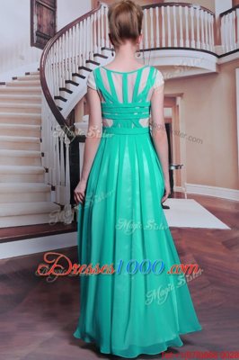 Scoop Turquoise Cap Sleeves Beading Floor Length Prom Dress