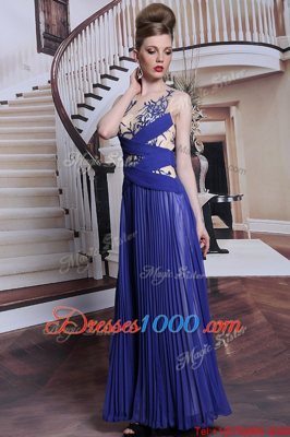 Great Royal Blue Zipper Sequins and Pleated Prom Gown Sleeveless