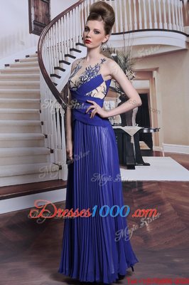 Great Royal Blue Zipper Sequins and Pleated Prom Gown Sleeveless