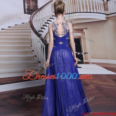 Great Royal Blue Zipper Sequins and Pleated Prom Gown Sleeveless