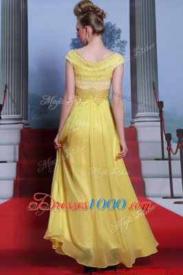 Vintage Chiffon Scalloped Short Sleeves Side Zipper Beading and Appliques and Pleated Homecoming Dress in Yellow