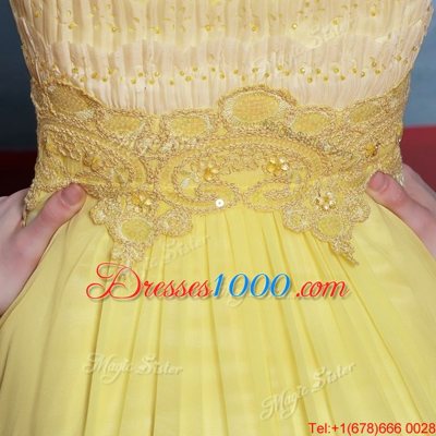 Vintage Chiffon Scalloped Short Sleeves Side Zipper Beading and Appliques and Pleated Homecoming Dress in Yellow