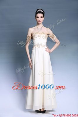 Fantastic Off The Shoulder Short Sleeves Prom Dresses Floor Length Appliques White Satin