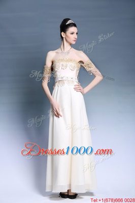 Fantastic Off The Shoulder Short Sleeves Prom Dresses Floor Length Appliques White Satin