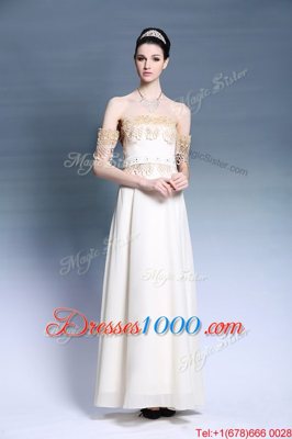 Fantastic Off The Shoulder Short Sleeves Prom Dresses Floor Length Appliques White Satin