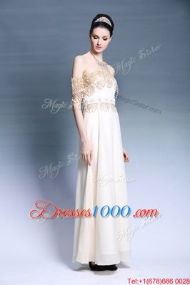 Fantastic Off The Shoulder Short Sleeves Prom Dresses Floor Length Appliques White Satin