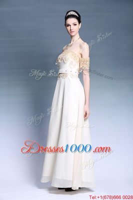 Fantastic Off The Shoulder Short Sleeves Prom Dresses Floor Length Appliques White Satin