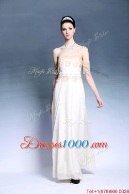 Fantastic Off The Shoulder Short Sleeves Prom Dresses Floor Length Appliques White Satin