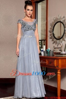 Fashionable Scoop Floor Length Side Zipper Homecoming Dress Grey and In for Prom and Party with Beading and Sequins and Ruching and Belt