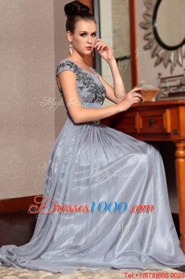 Fashionable Scoop Floor Length Side Zipper Homecoming Dress Grey and In for Prom and Party with Beading and Sequins and Ruching and Belt