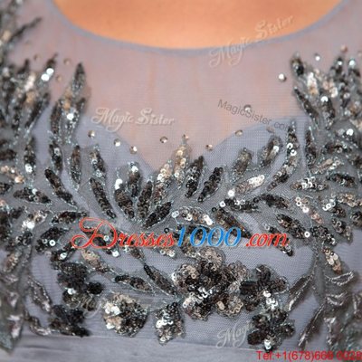 Fashionable Scoop Floor Length Side Zipper Homecoming Dress Grey and In for Prom and Party with Beading and Sequins and Ruching and Belt