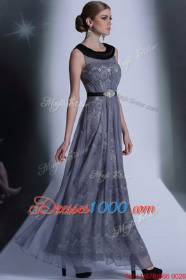 Scoop Grey Empire Belt Prom Dress Side Zipper Tulle Sleeveless Floor Length