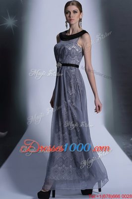 Scoop Grey Empire Belt Prom Dress Side Zipper Tulle Sleeveless Floor Length