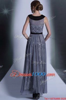 Scoop Grey Empire Belt Prom Dress Side Zipper Tulle Sleeveless Floor Length