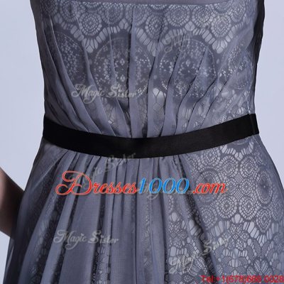 Scoop Grey Empire Belt Prom Dress Side Zipper Tulle Sleeveless Floor Length