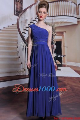 Adorable Royal Blue One Shoulder Neckline Beading and Pleated Sleeveless Side Zipper