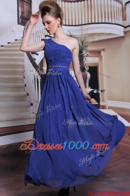 Adorable Royal Blue One Shoulder Neckline Beading and Pleated Sleeveless Side Zipper