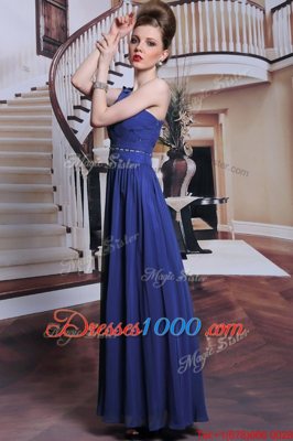 Adorable Royal Blue One Shoulder Neckline Beading and Pleated Sleeveless Side Zipper