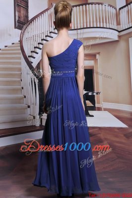 Adorable Royal Blue One Shoulder Neckline Beading and Pleated Sleeveless Side Zipper