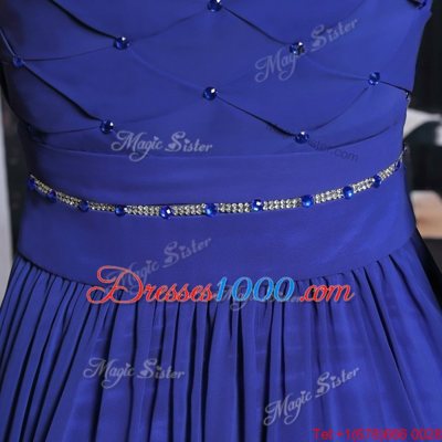 Adorable Royal Blue One Shoulder Neckline Beading and Pleated Sleeveless Side Zipper