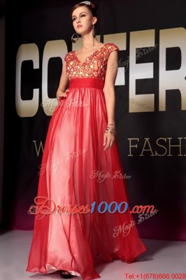 Red Organza Side Zipper V-neck Short Sleeves Floor Length Prom Dress Appliques and Belt
