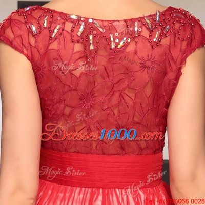 Red Organza Side Zipper V-neck Short Sleeves Floor Length Prom Dress Appliques and Belt