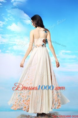 Stylish Red Side Zipper One Shoulder Beading and Pattern and Pleated Prom Gown Chiffon Sleeveless