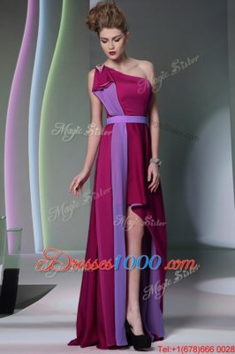 Sumptuous Column/Sheath Prom Party Dress Burgundy One Shoulder Chiffon Sleeveless High Low Side Zipper