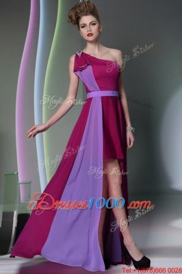 Sumptuous Column/Sheath Prom Party Dress Burgundy One Shoulder Chiffon Sleeveless High Low Side Zipper