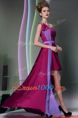 Sumptuous Column/Sheath Prom Party Dress Burgundy One Shoulder Chiffon Sleeveless High Low Side Zipper