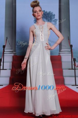 Exquisite Scoop Silver Column/Sheath Beading and Appliques and Ruching Prom Dress Side Zipper Chiffon Sleeveless Floor Length