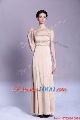 Traditional Bateau Sleeveless Prom Gown Floor Length Beading and Ruching Peach Satin