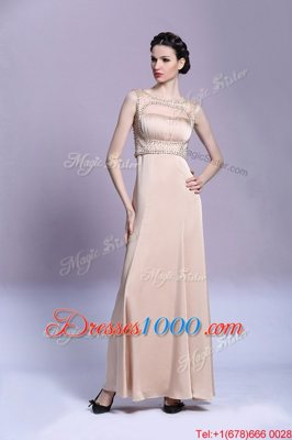 Traditional Bateau Sleeveless Prom Gown Floor Length Beading and Ruching Peach Satin