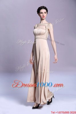 Traditional Bateau Sleeveless Prom Gown Floor Length Beading and Ruching Peach Satin